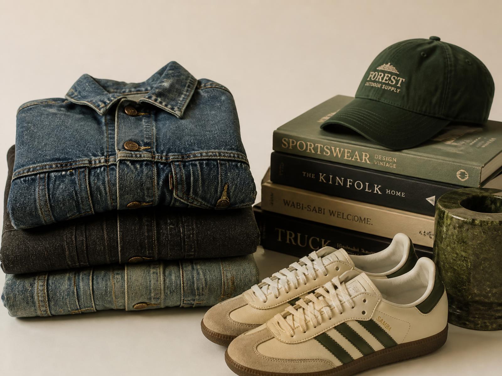Folded vintage denim jackets, secondhand sneakers and used books on a warm neutral backdrop